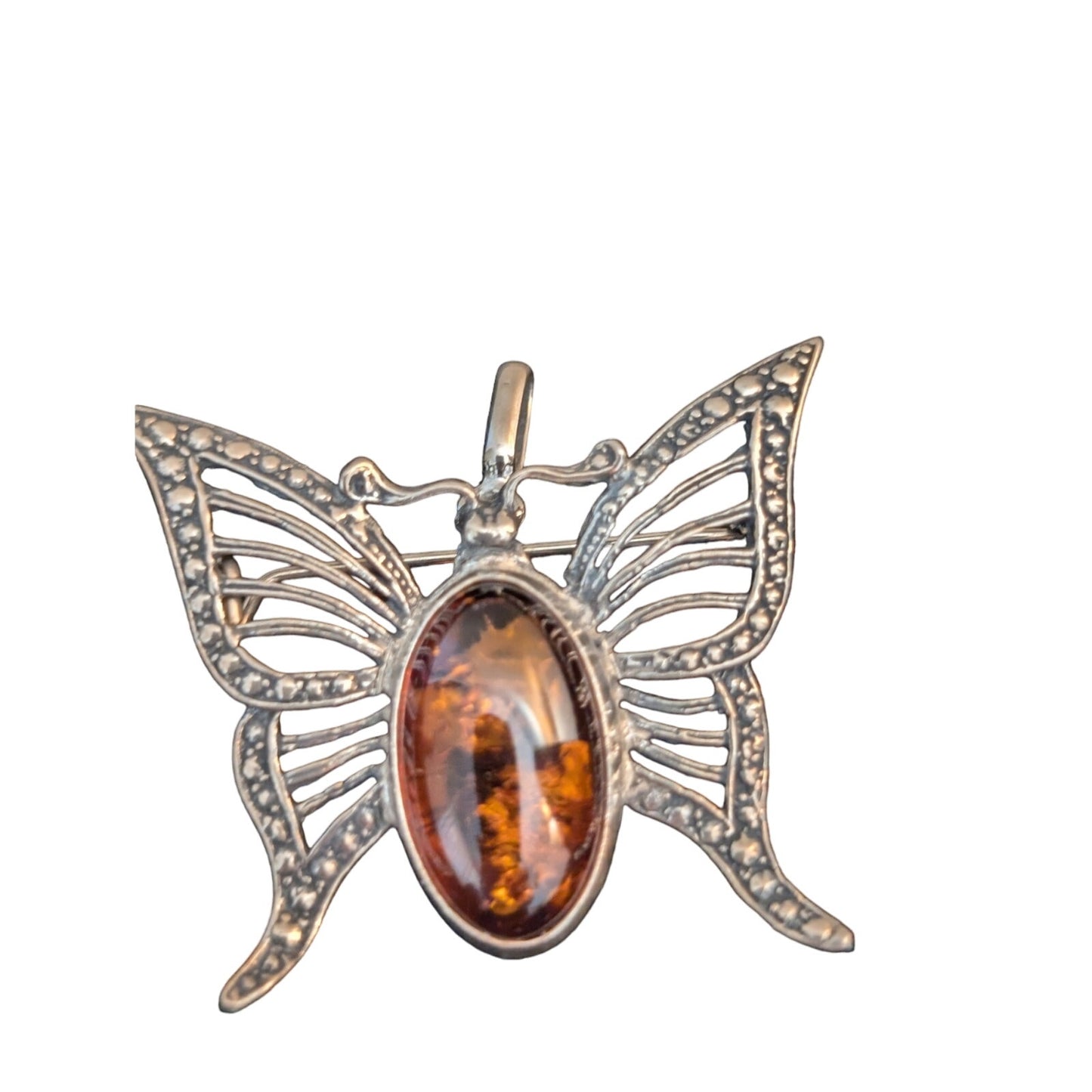 Vintage Sterling Silver Baltic Amber Butterfly Brooch/Pendant