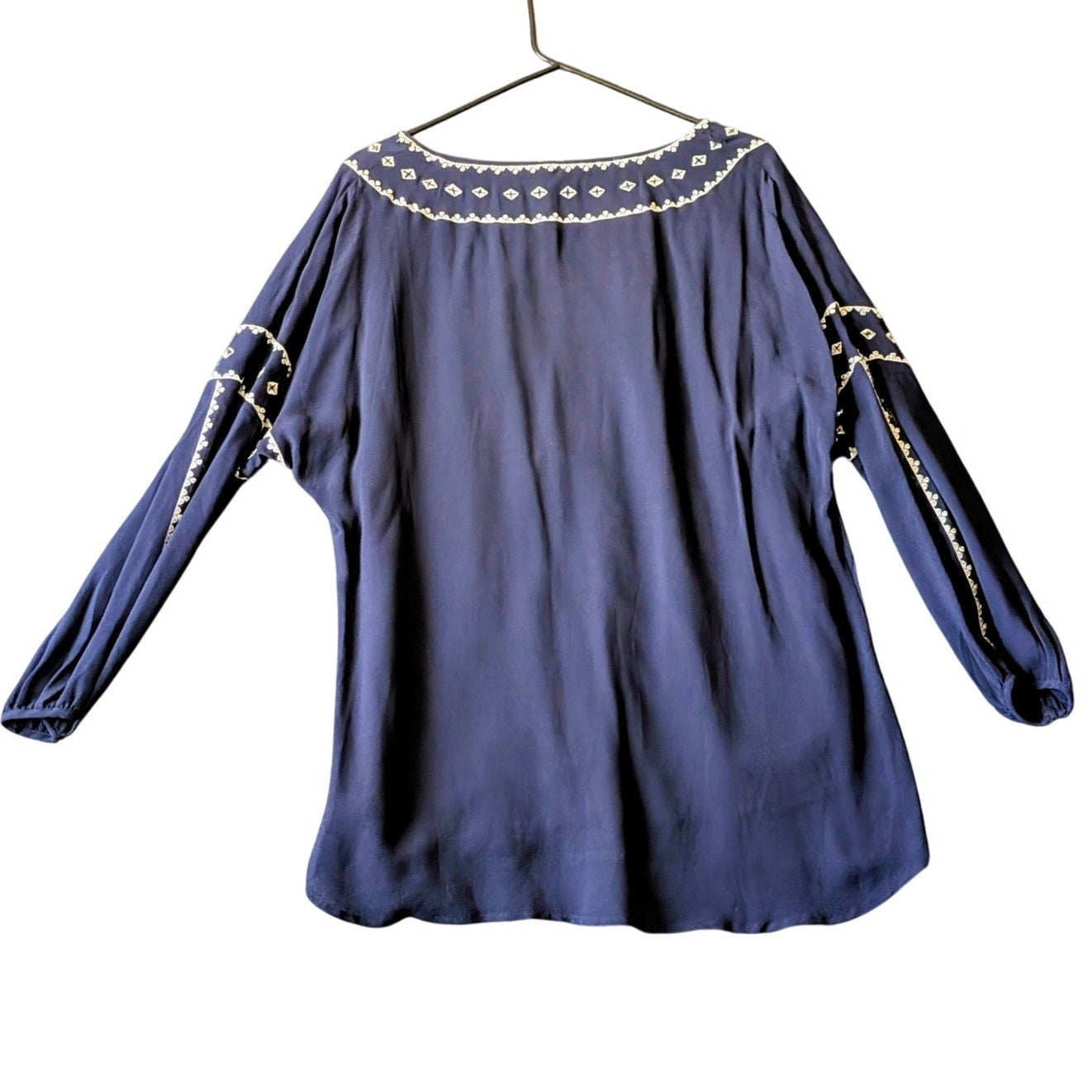XCVI Navy Sheer Tunic Lace Bead Embellished Tie Neck 3/4 Sleeve Blouse Sz XL