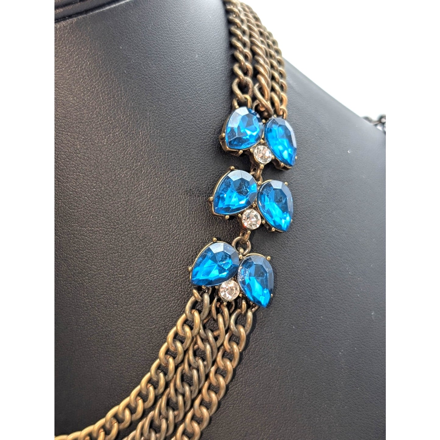 Lot of Two Plunder Necklaces Bronze Metal Blue Rhinestone Charm Tassel Chain