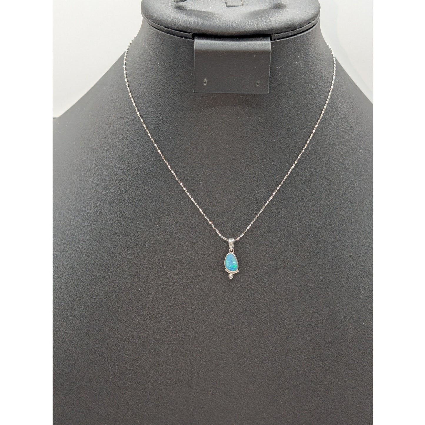 Vtg 925 Sterling Silver Opal White Sapphire Pendant 16" Sparkle Chain Necklace