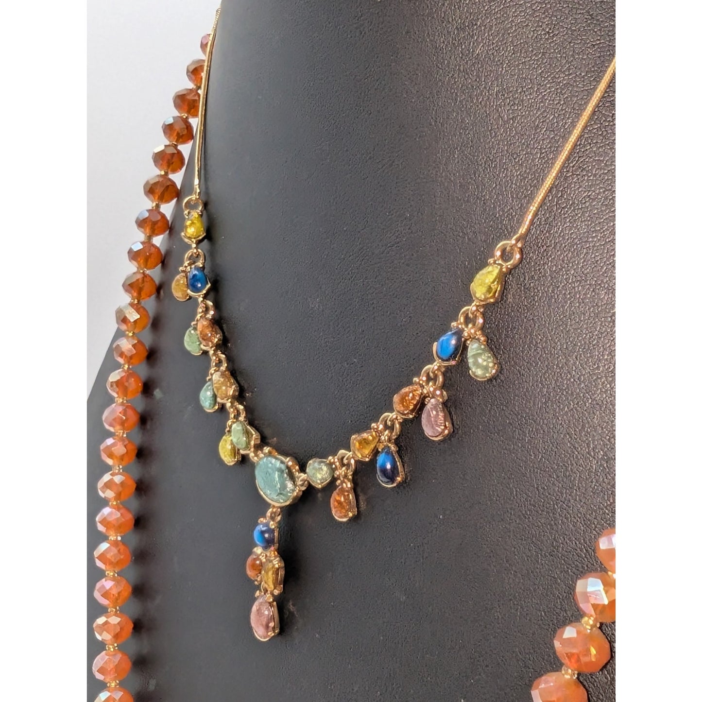 Lot of Two Gold Tone Orange Theme Crystal Tassel Y-Drop Necklaces