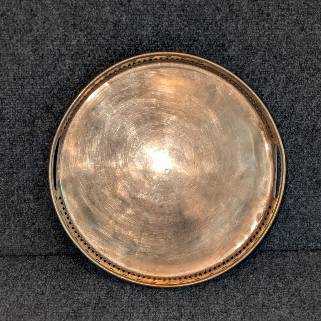Vtg Brass Round Tray W/ Pierced Heart Gallery Decorative Serving or Vanity Tray