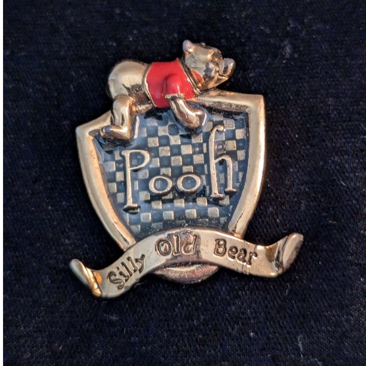 Disney Red Enamel Gold Tone Pooh Bear Silly Old Bear Crest Pin