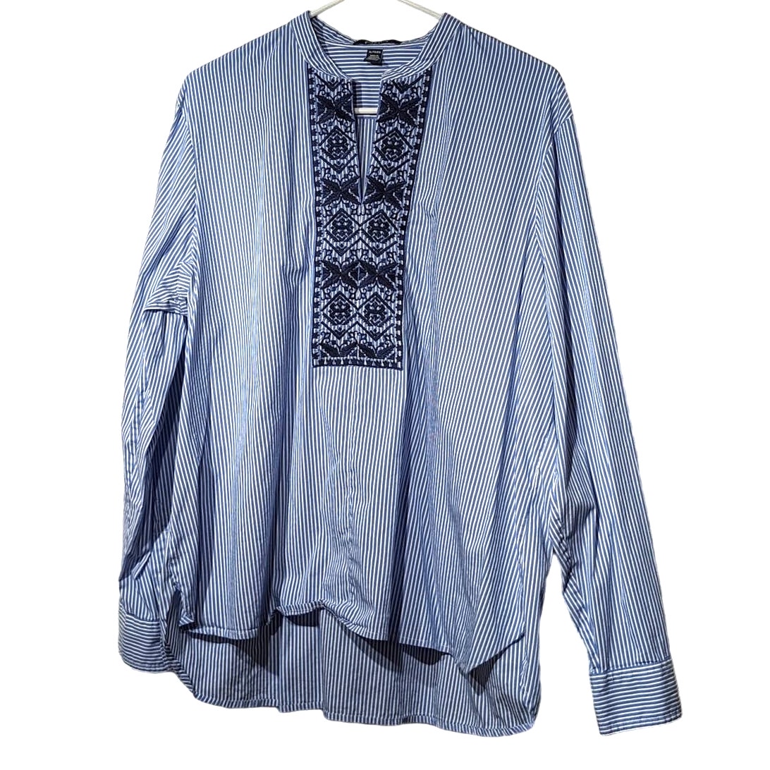CHAPS Denim Blue Striped Embroidered Placket V-Neck Tunic Top Womens Sz XL