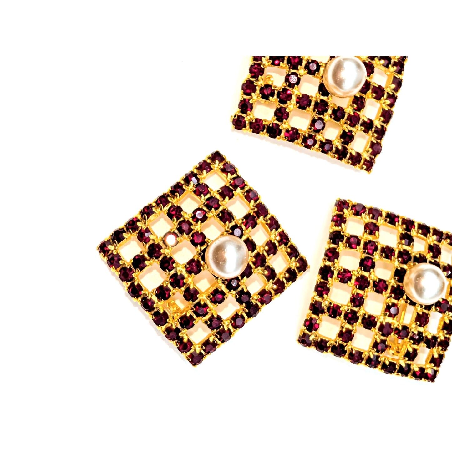 Lot of Three Vtg Gold Tone Red Crystal Lattice Square Floating Pearl Brooches