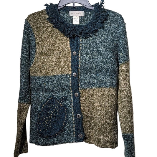 Vintage Susan Bristol Colorblock Fringy Neck Boucle Knit Button Cardigan Sz M