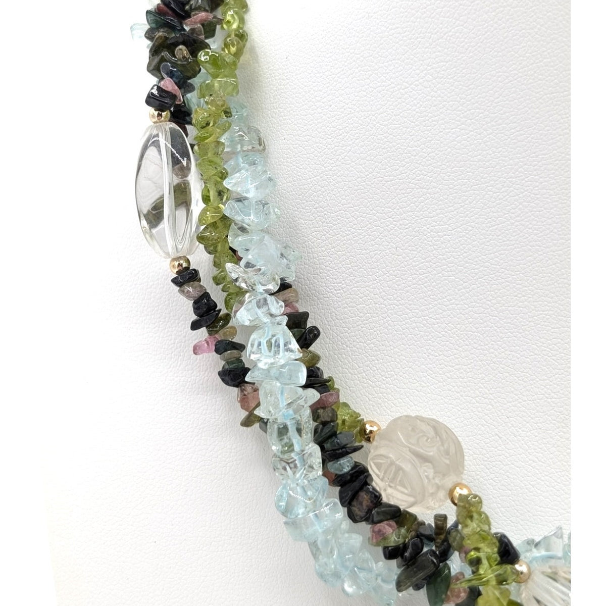 Torsade Strands Topaz Chip & Carved Peridot & Multi Gem Gold Tone Clasp Necklace