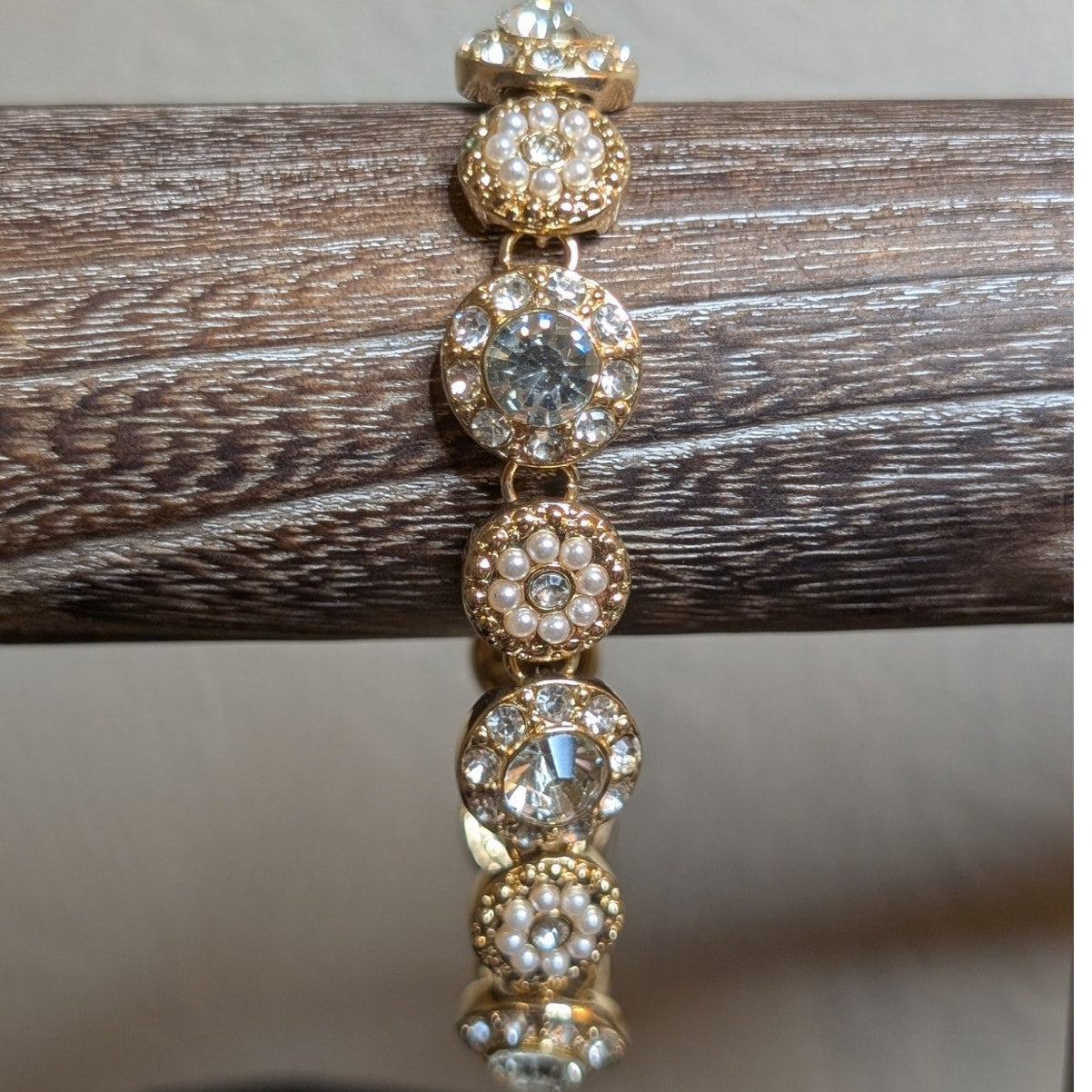 Signed Napier Gold Tone Faux Pearl Rhinestone Bracelet