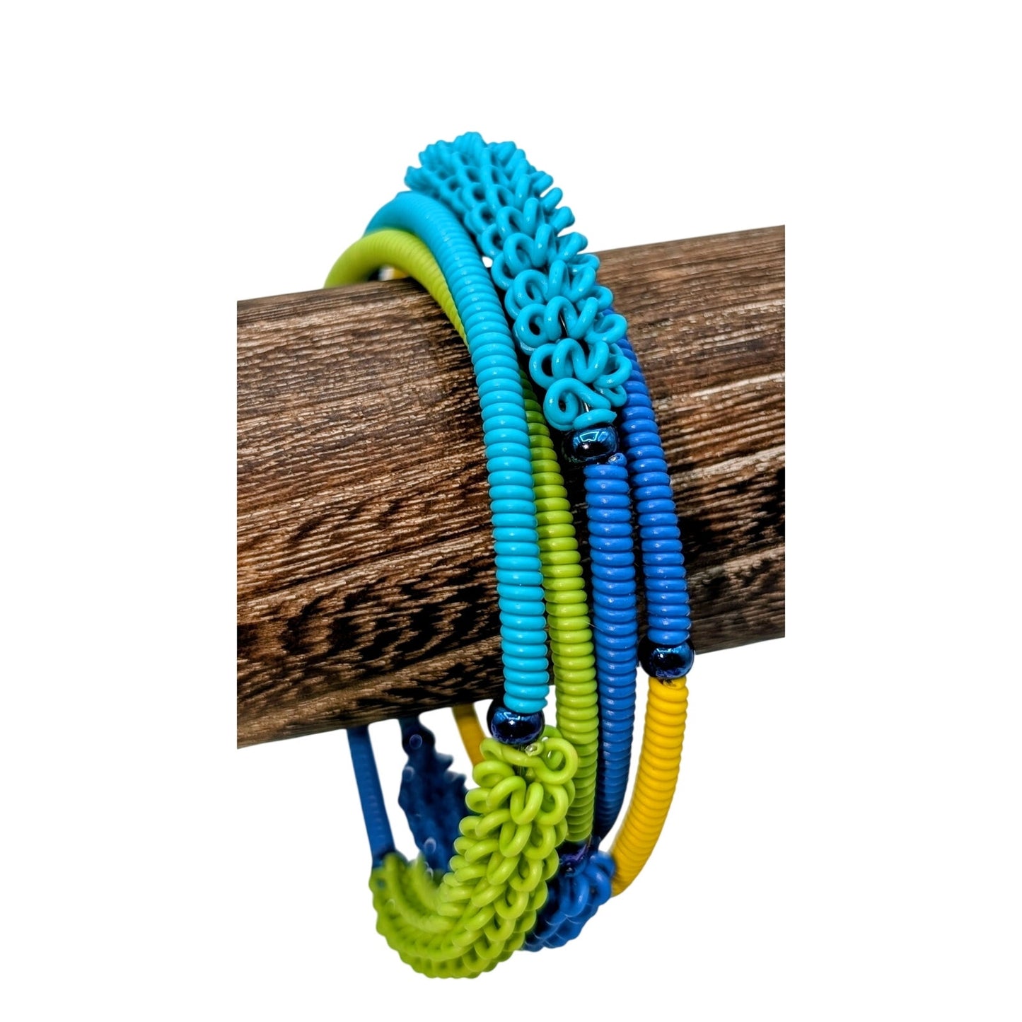 Lot of Two Colorful Telephone Wire Wrap Bracelet & Opalescent Beaded Bracelets