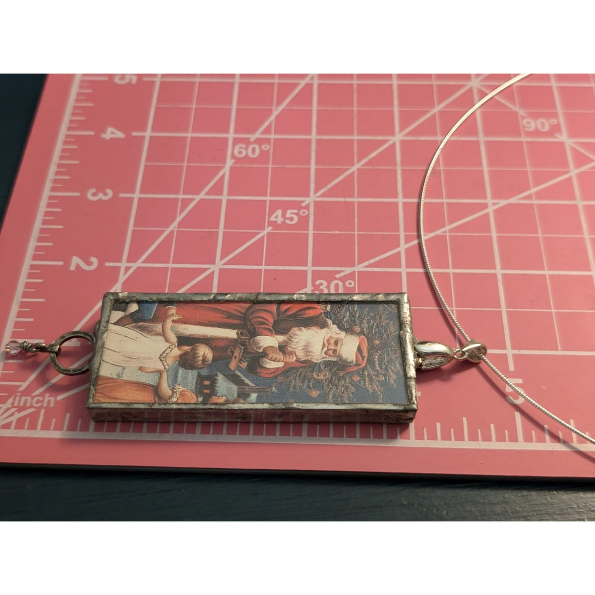 Vtg Christmas c1910 Postcard Jack O Lantern Two-Sided Soldered Pendant Necklace
