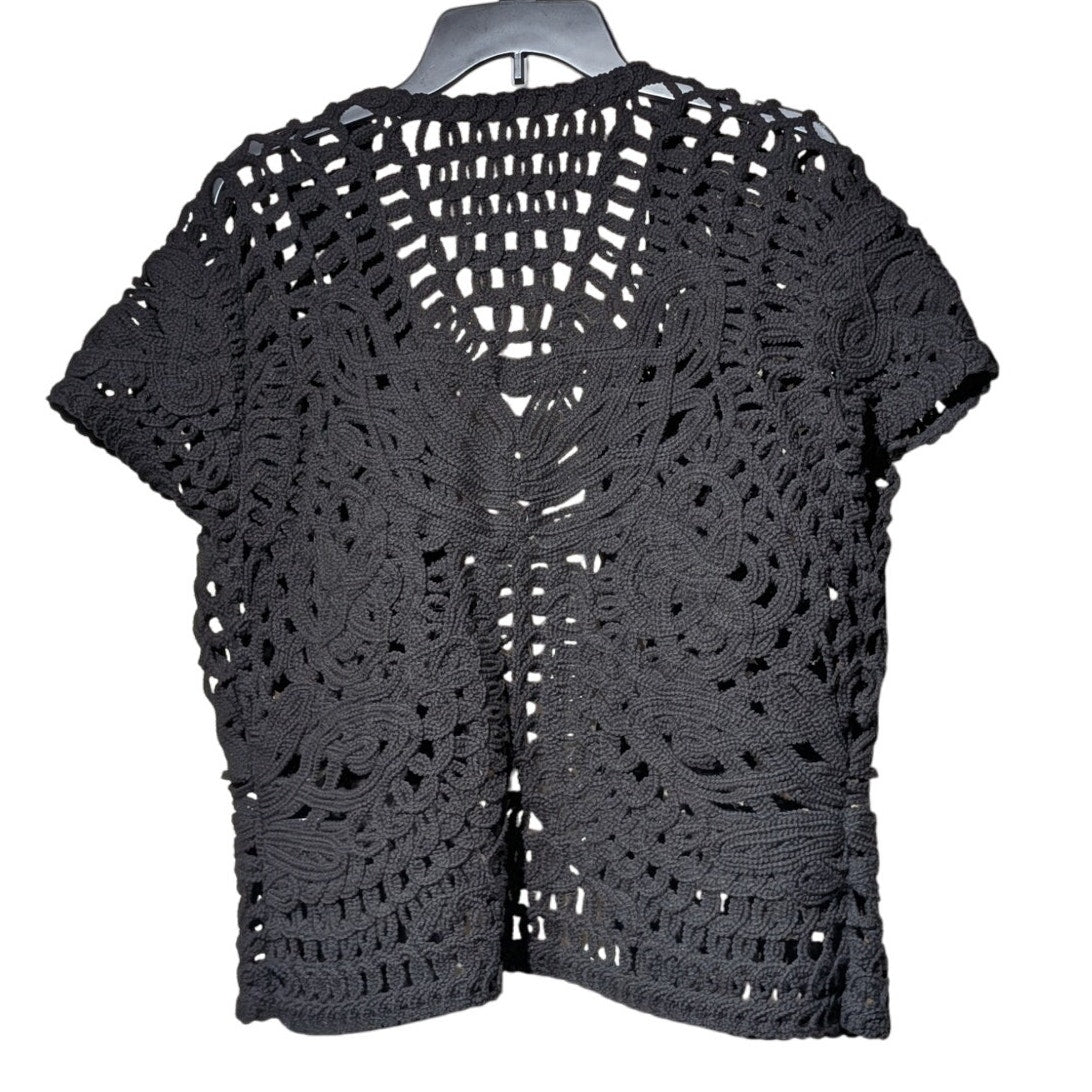 Coldwater Creek Black Crochet 100% Cotton Open Front Open Weave Sweater Sz S