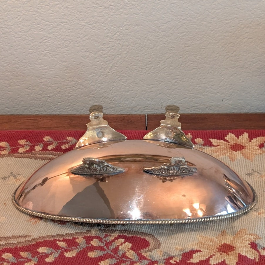 Vintage Elongated Copper Bowl W/ Ornate Brass Feet & Roped Edge