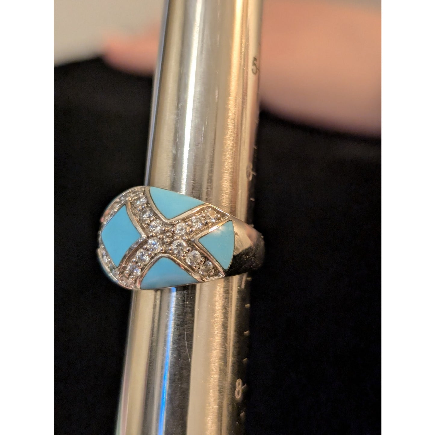 Turquoise Enamel & Pave Set Criss Cross CZ Sterling Silver Domed Ring Size 6.75