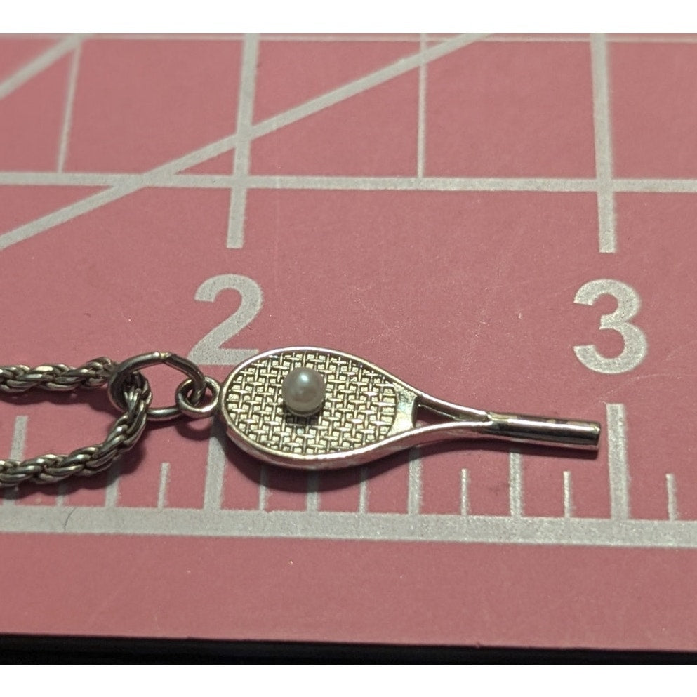 VTG RQC Sterling Tennis Racket Faux Pearl Charm 925 Sterling Rope Chain Necklace