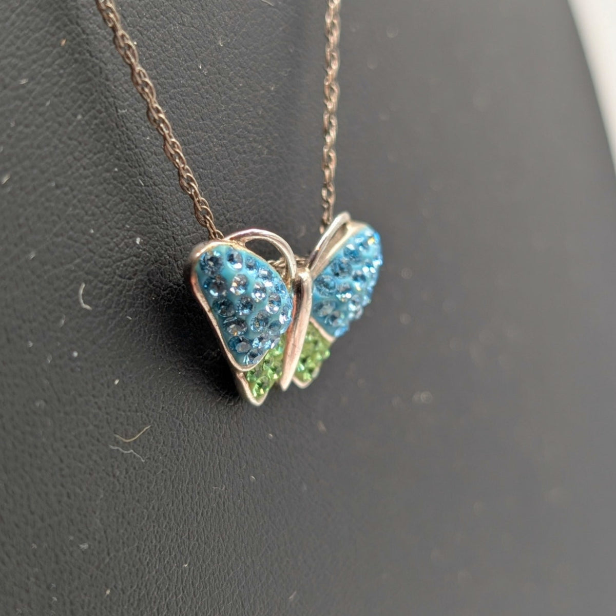 Sterling Silver Blue Green Crystal Butterfly Pendant Vintage Chain 21" Necklace