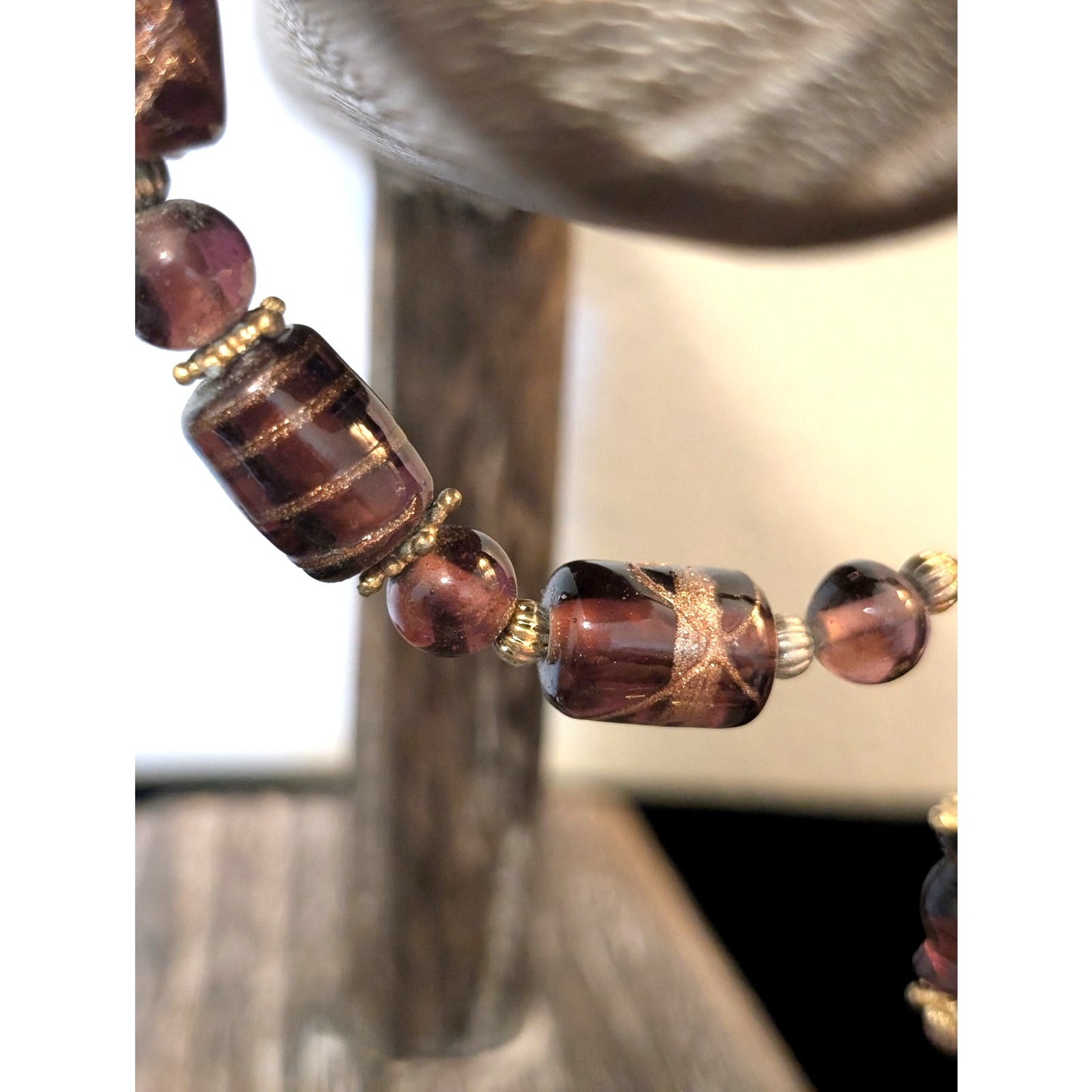 Gold Foil Purple Glass Artisan Beaded Bracelet W/ Bead Dangle