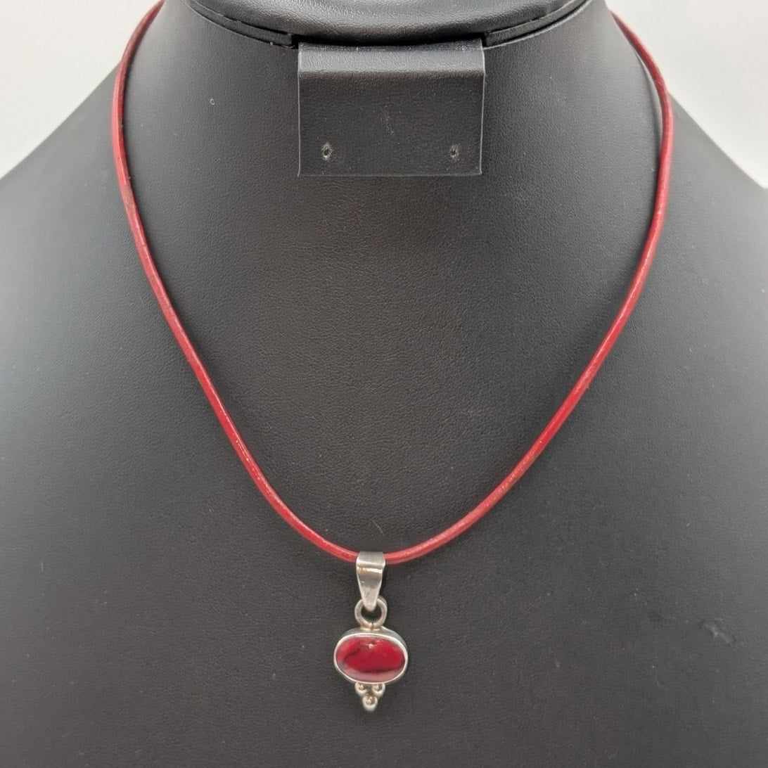 Vtg 925 Sterling Mexican Taxco Red Jasper Pendant Red Leather Cord Necklace