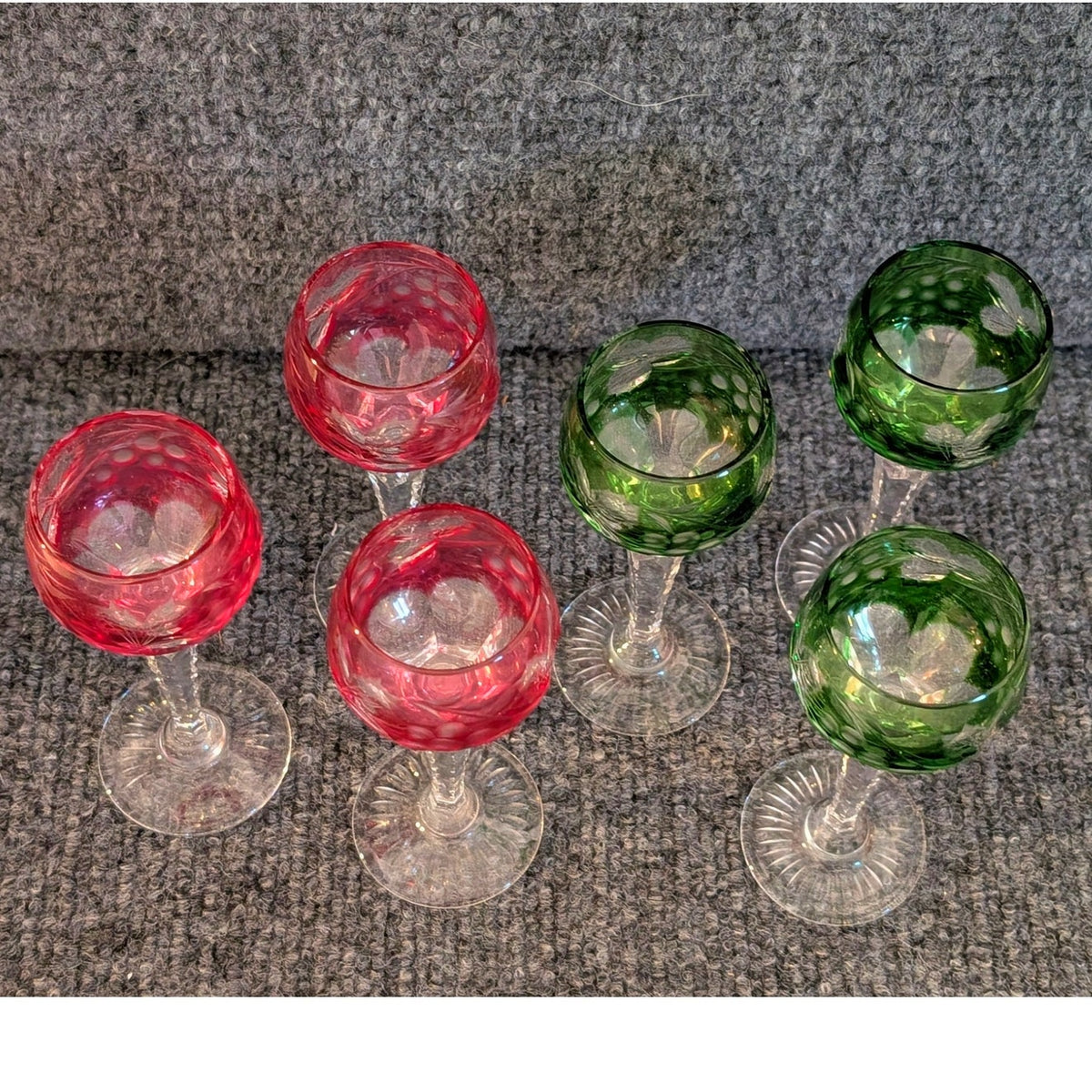 Vtg Czech Bohemian 3 Cranberry & 3 Green Cut to Clear Crystal Cordials Set of 6