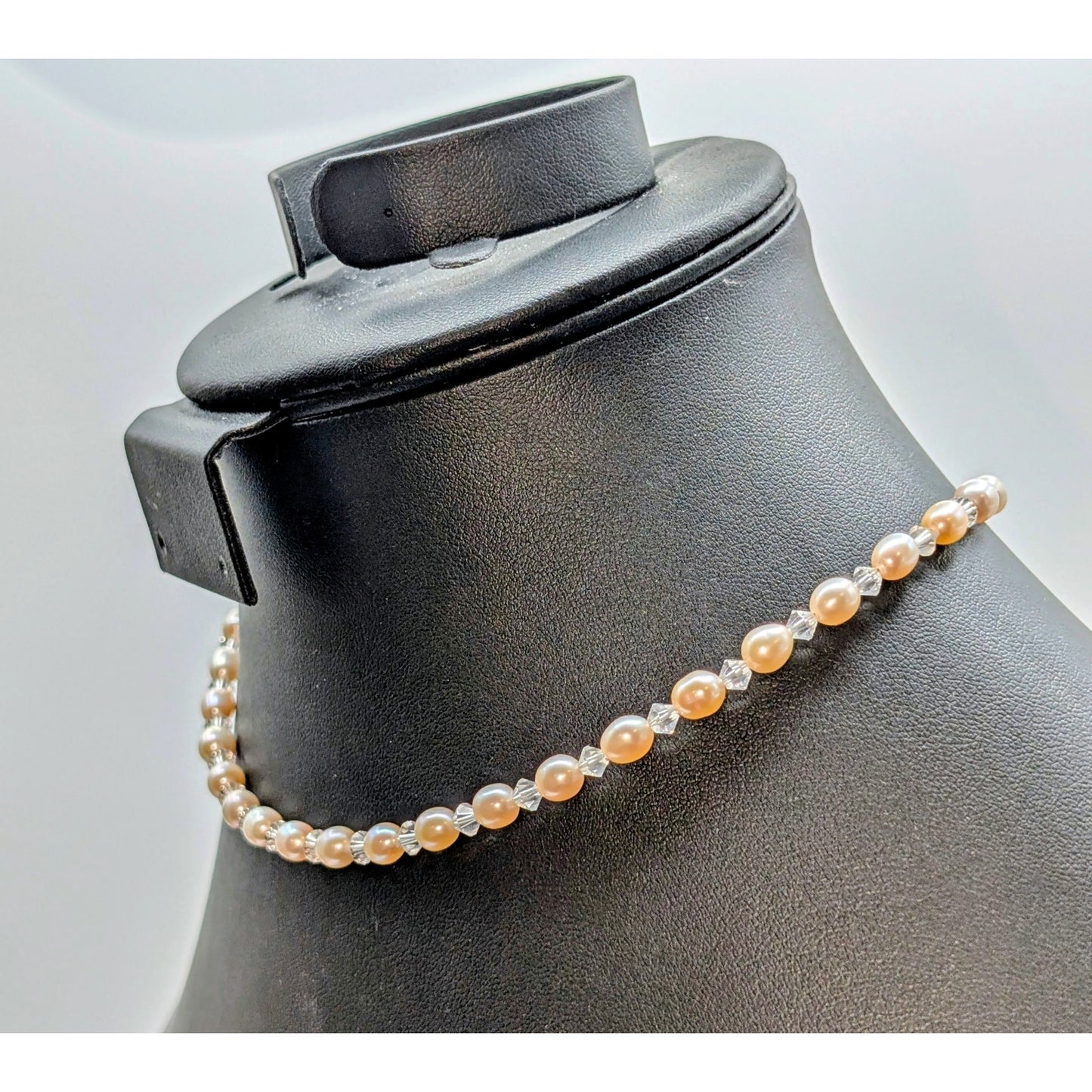 Pale Pink Freshwater Pearl Bicone Crystal Beaded 925 Sterling Silver Necklace
