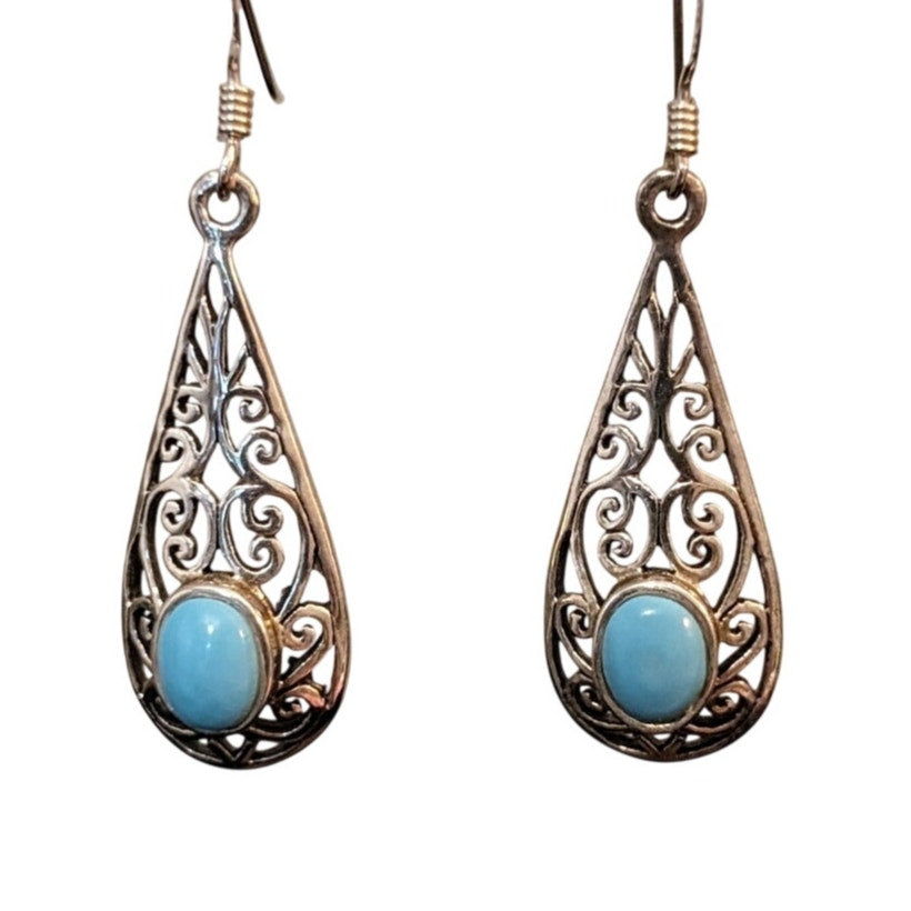925 Sterling Silver Turquoise Filigree Teardrop Dangle Earrings