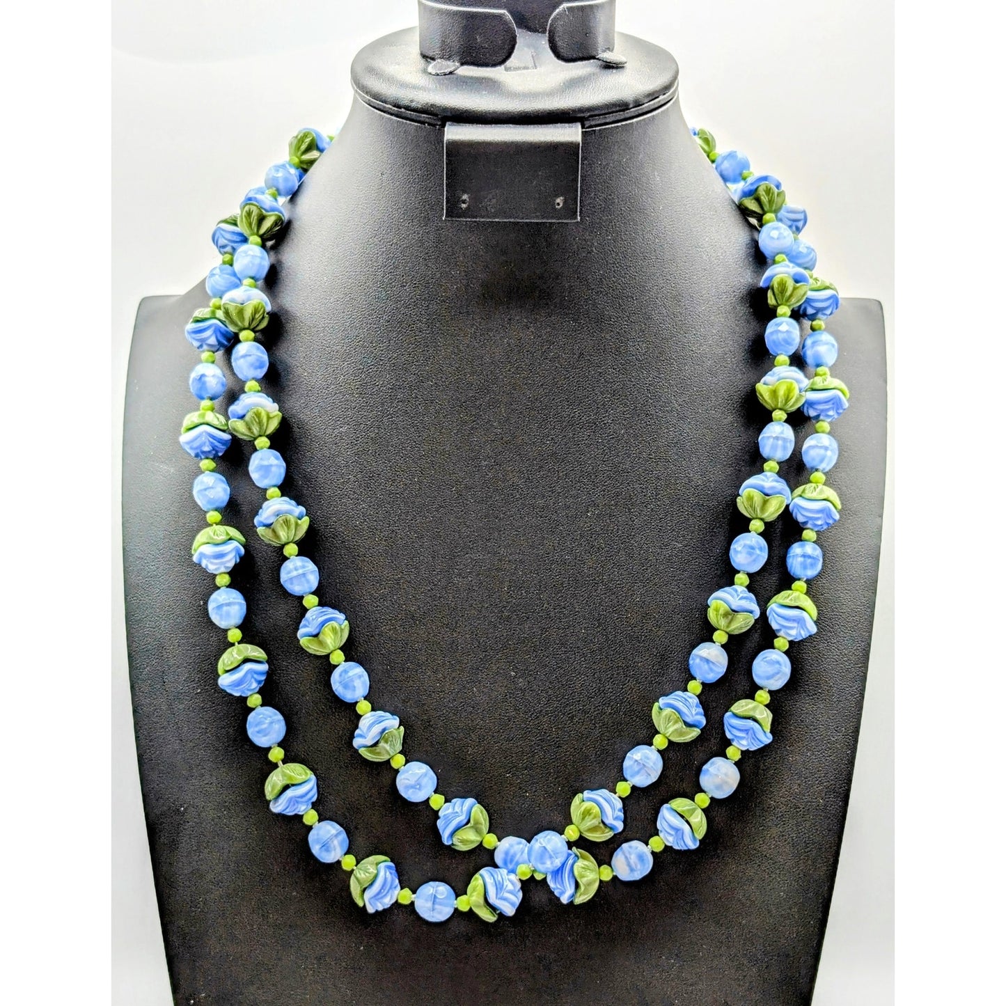 Vintage Art Deco Blue Green Slag Glass Flower Bead Long 50" Necklace