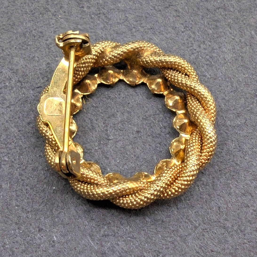 Vintage 1960s Gold Tone Braided Rhinestone Wreath Brooch