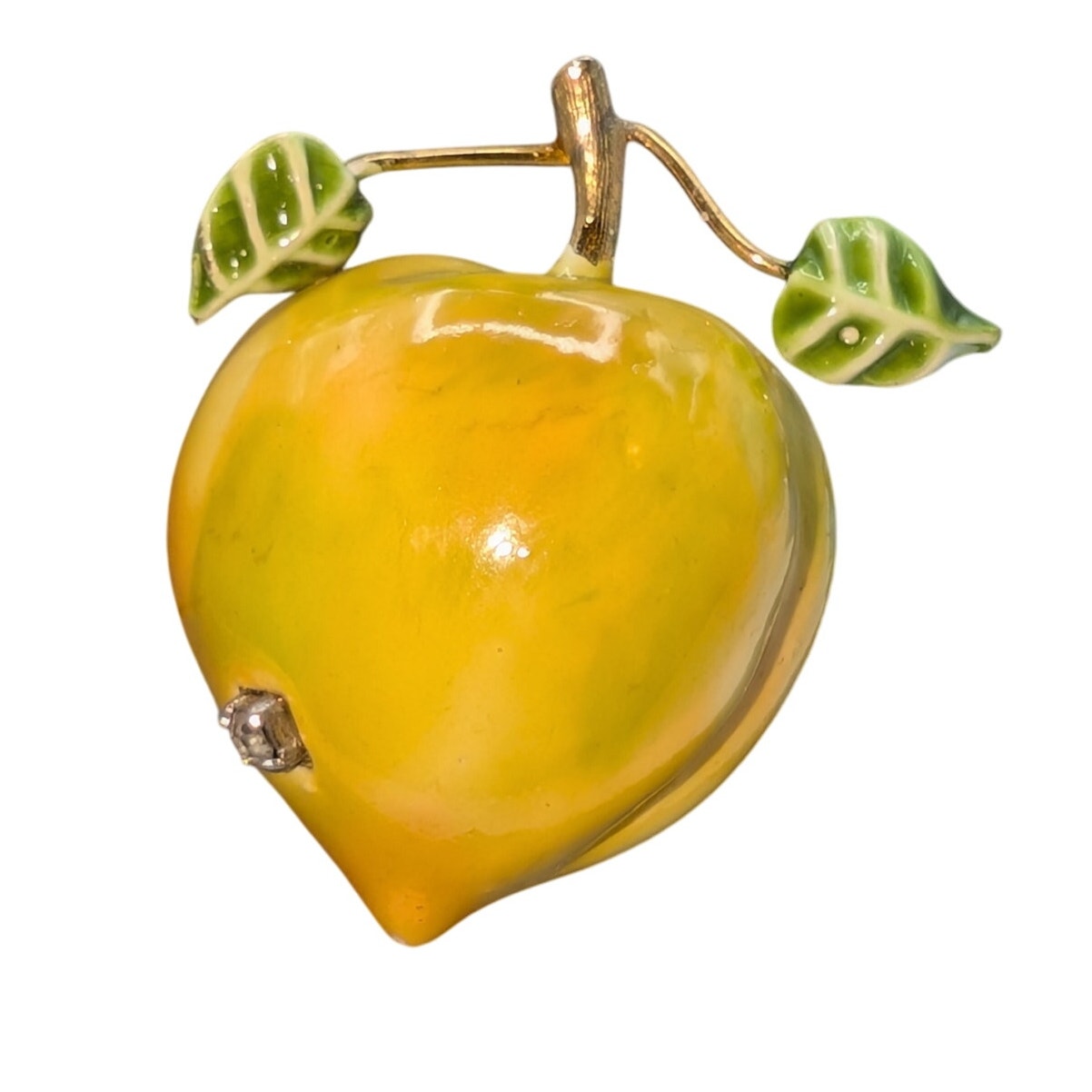 Vintage Signed CFW Yellow Green Enamel Signed Fruit Rhinestone Pin