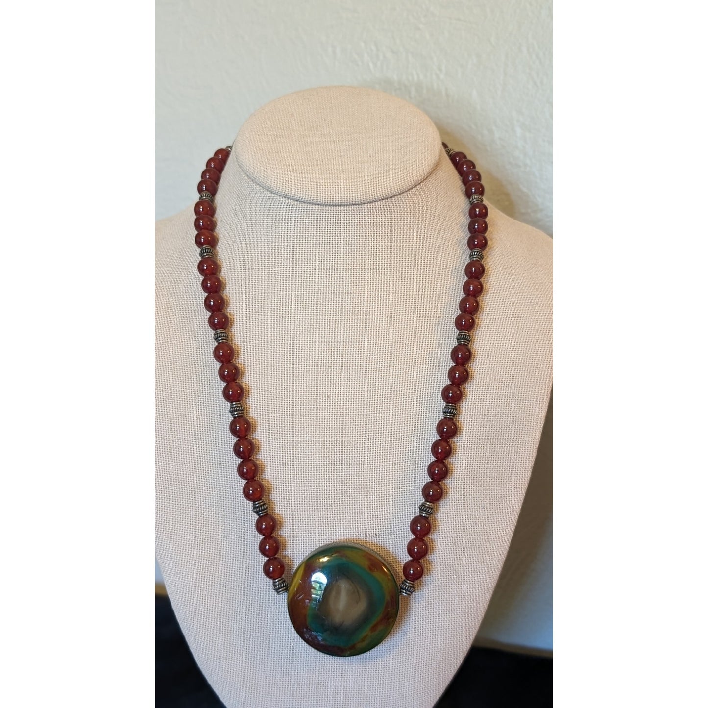 925 Sterling Carnelian Bead Large Jasper Cabochon Necklace W/ Fancy Hook Clasp