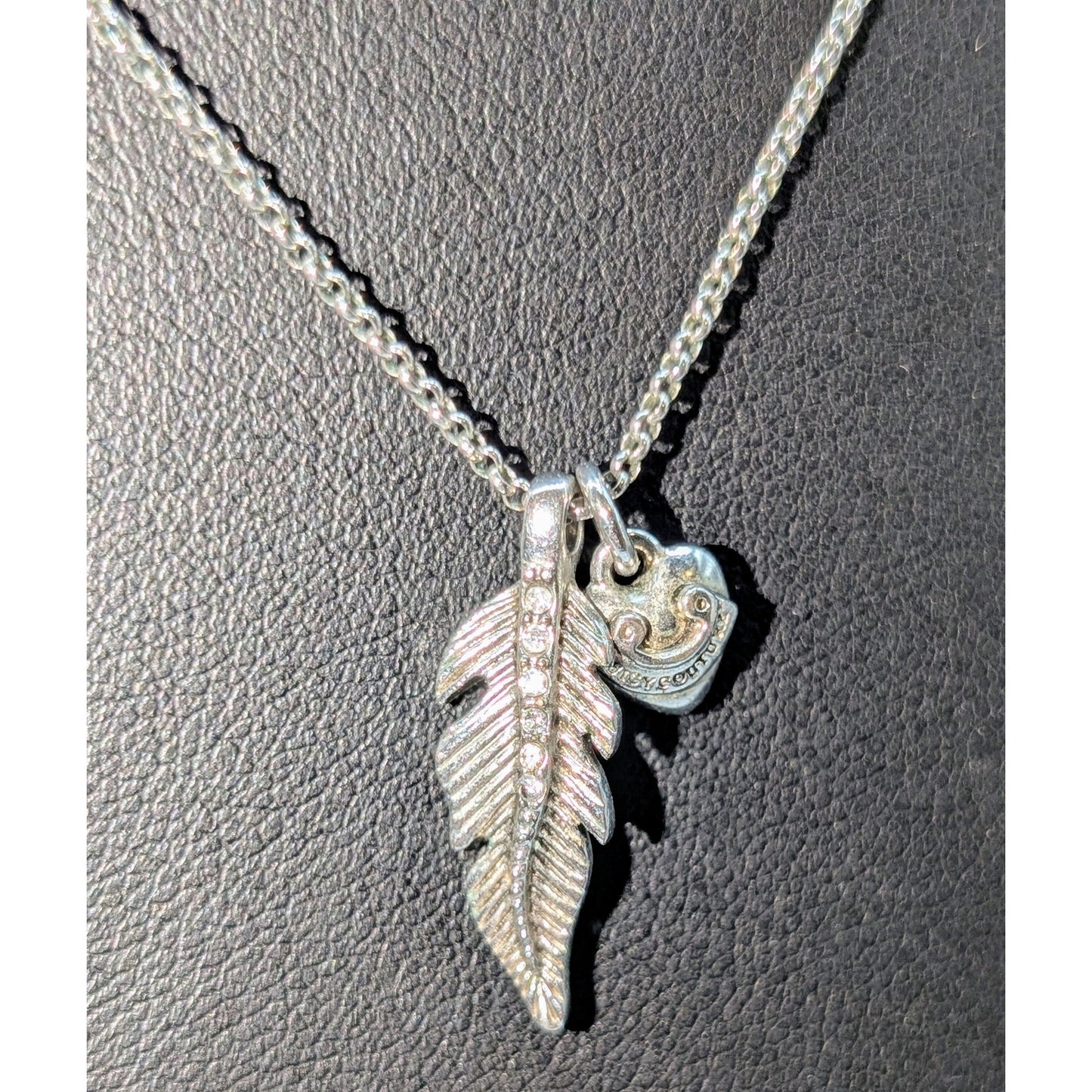 Juicy Couture Crystal Feather Heart Charm Silver Tone 16"-19" Necklace