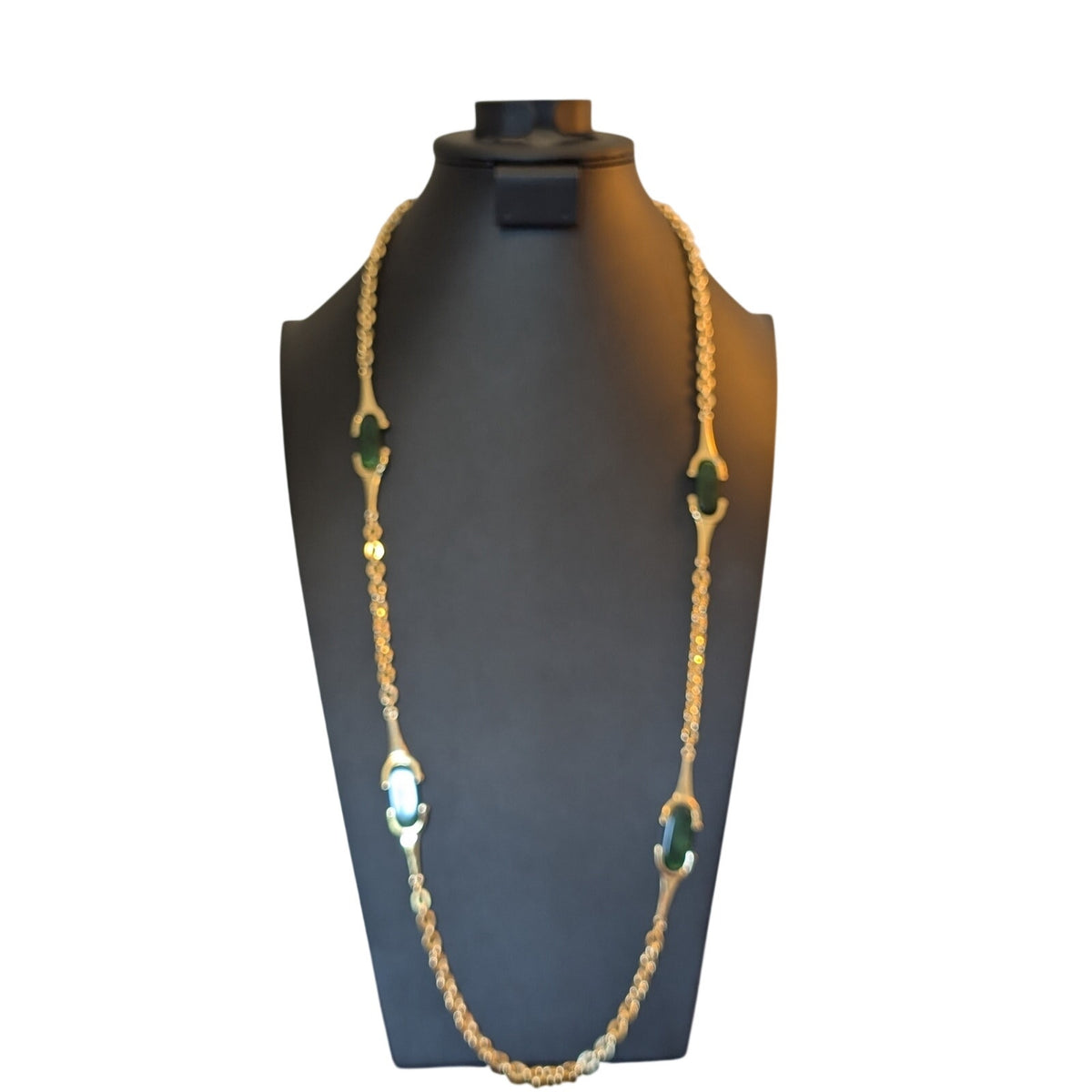 Vintage Gold Tone Chain W/ Green Acrylic Bead Articulated Station Long Necklace