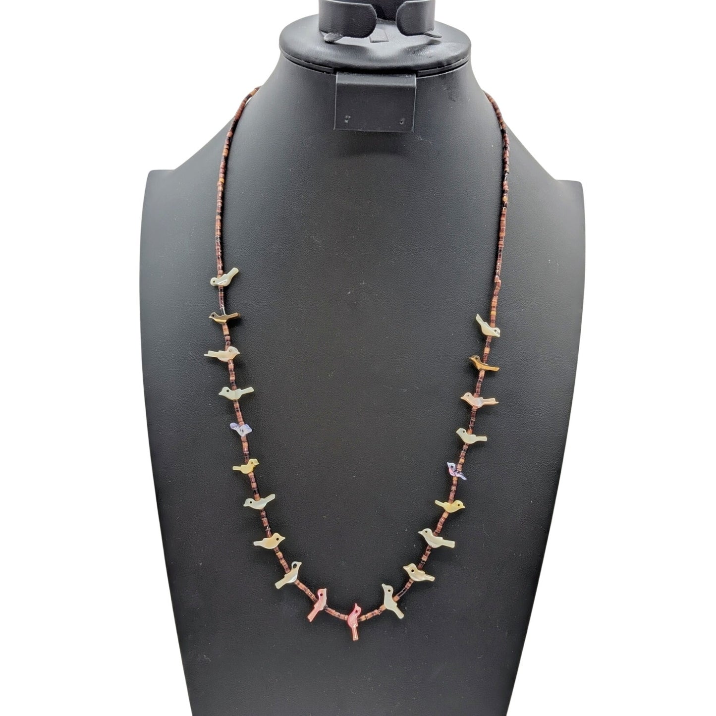 VTG Southwestern Style Heishi Fetish Stone/Shell Bird Barrel Clasp 27" Necklace