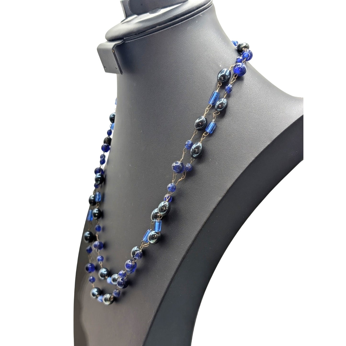 Vintage Blue Glass Rosary Style Beaded 52" Long Chain Necklace