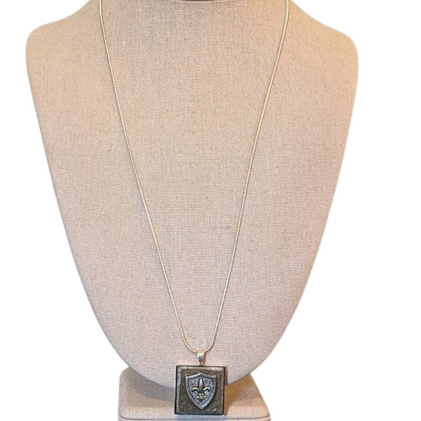 Fleur De Lis Shield On Stone Pendant on 18K Gold Plated 23" Silver Snake Chain