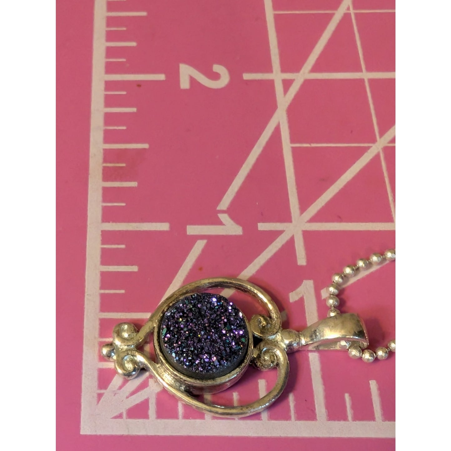 Signed Sajen 925 Sterling Blue Purple Druzy Pendant Bead Ball Chain 18" Necklace