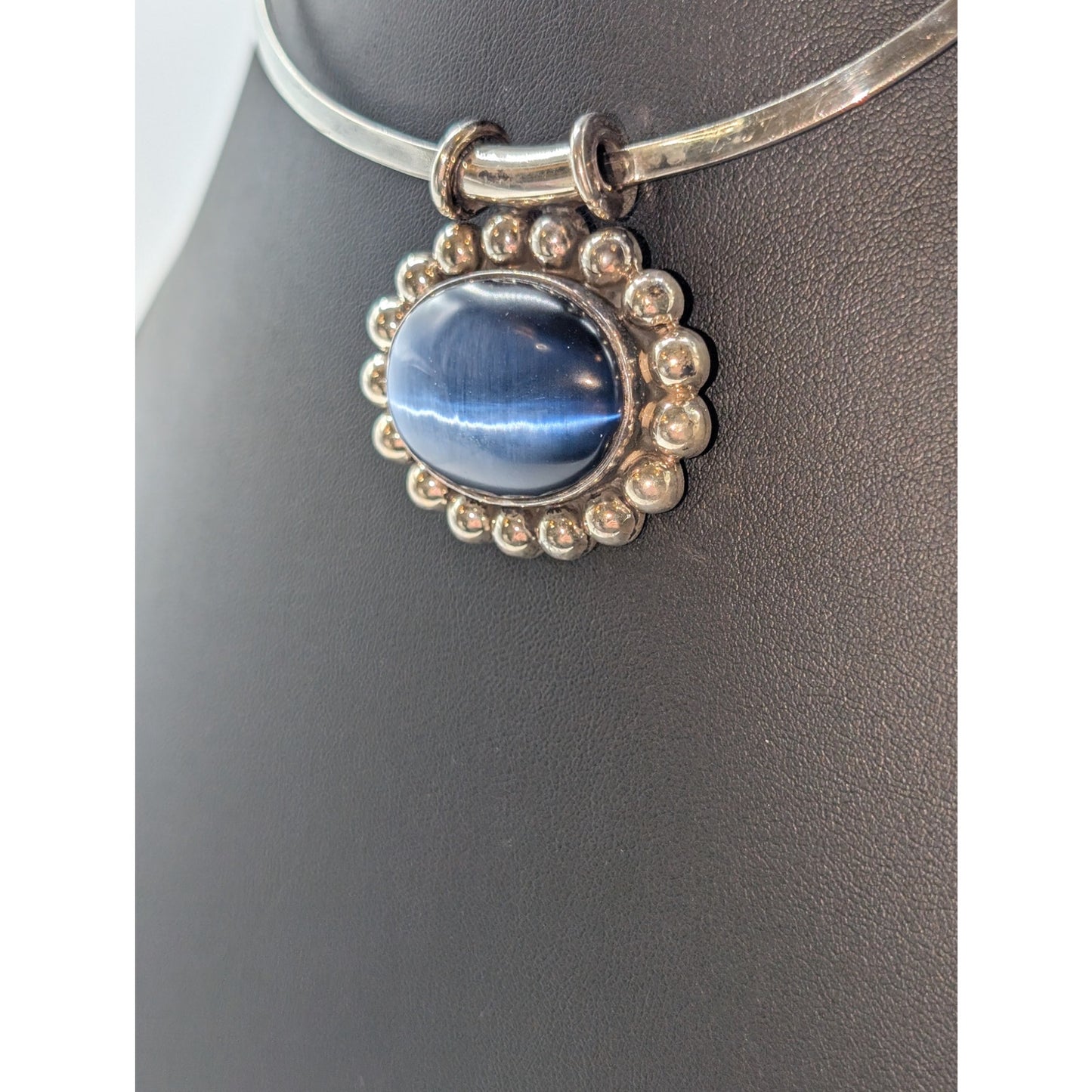 Vintage Taxco Large Blue Cat's Eye 950 Silver Pendant on Sterling Taxco Torque