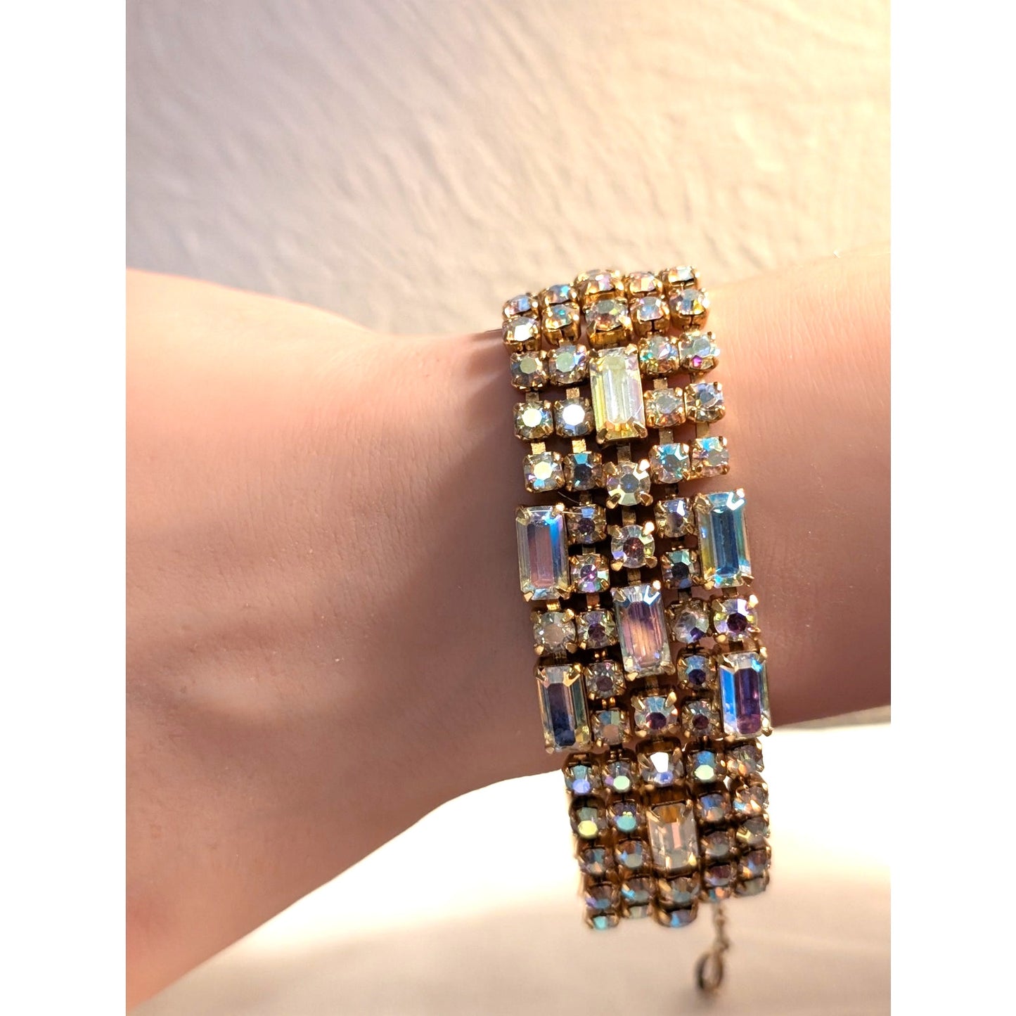 Vintage 1960s Unsigned Aurora Borealis Crystal Gold Tone Wide Bracelet W/ Safety