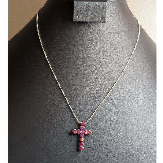 Pink AB Aurora Borealis Crystal Cross Necklace W/ Beaded Silver Tone Chain