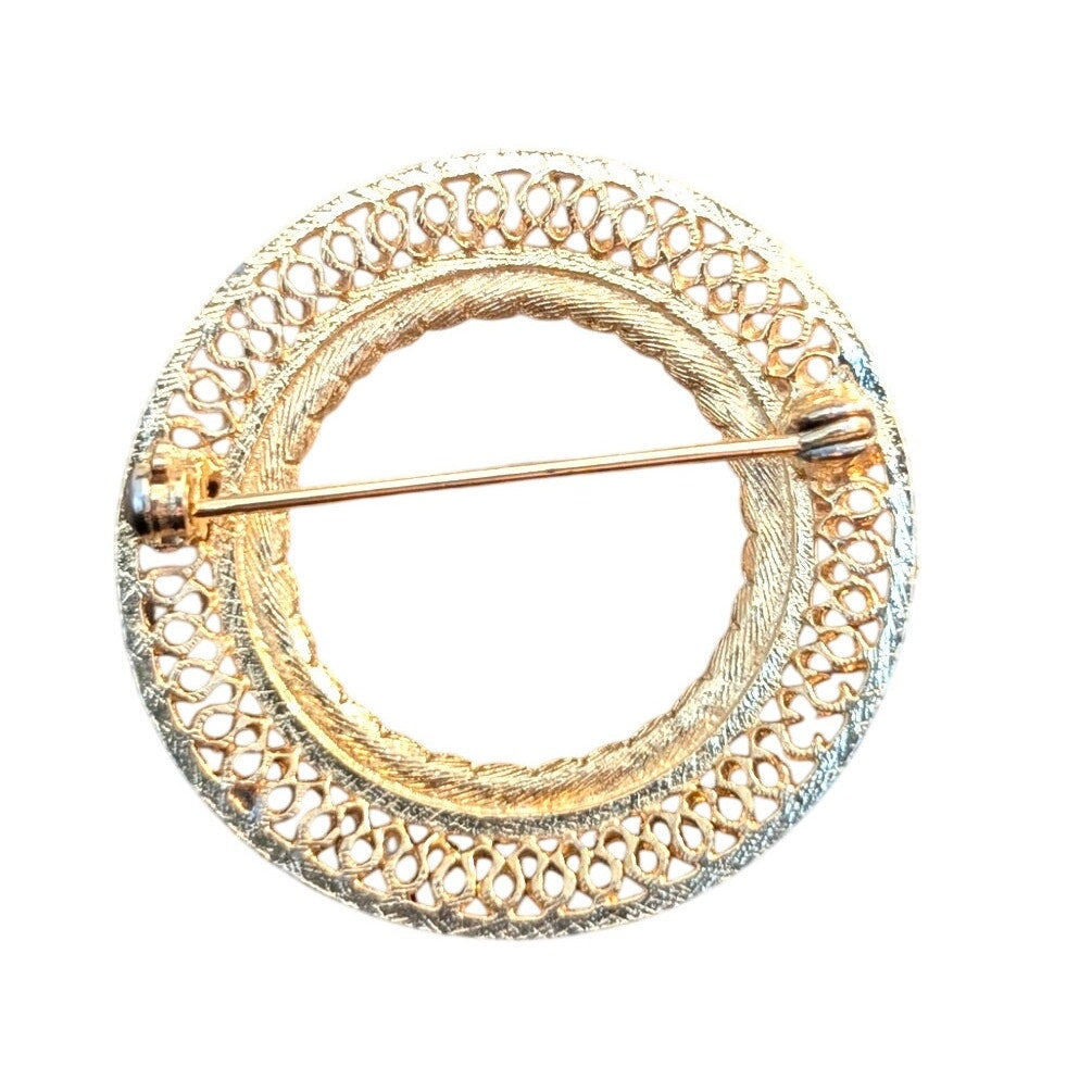 Vintage Unsigned Filigree Rhinestone Wreath Brooch
