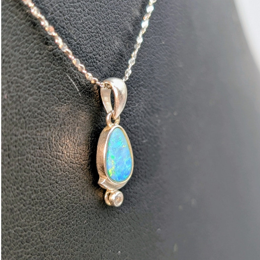 Vtg 925 Sterling Silver Opal White Sapphire Pendant 16" Sparkle Chain Necklace