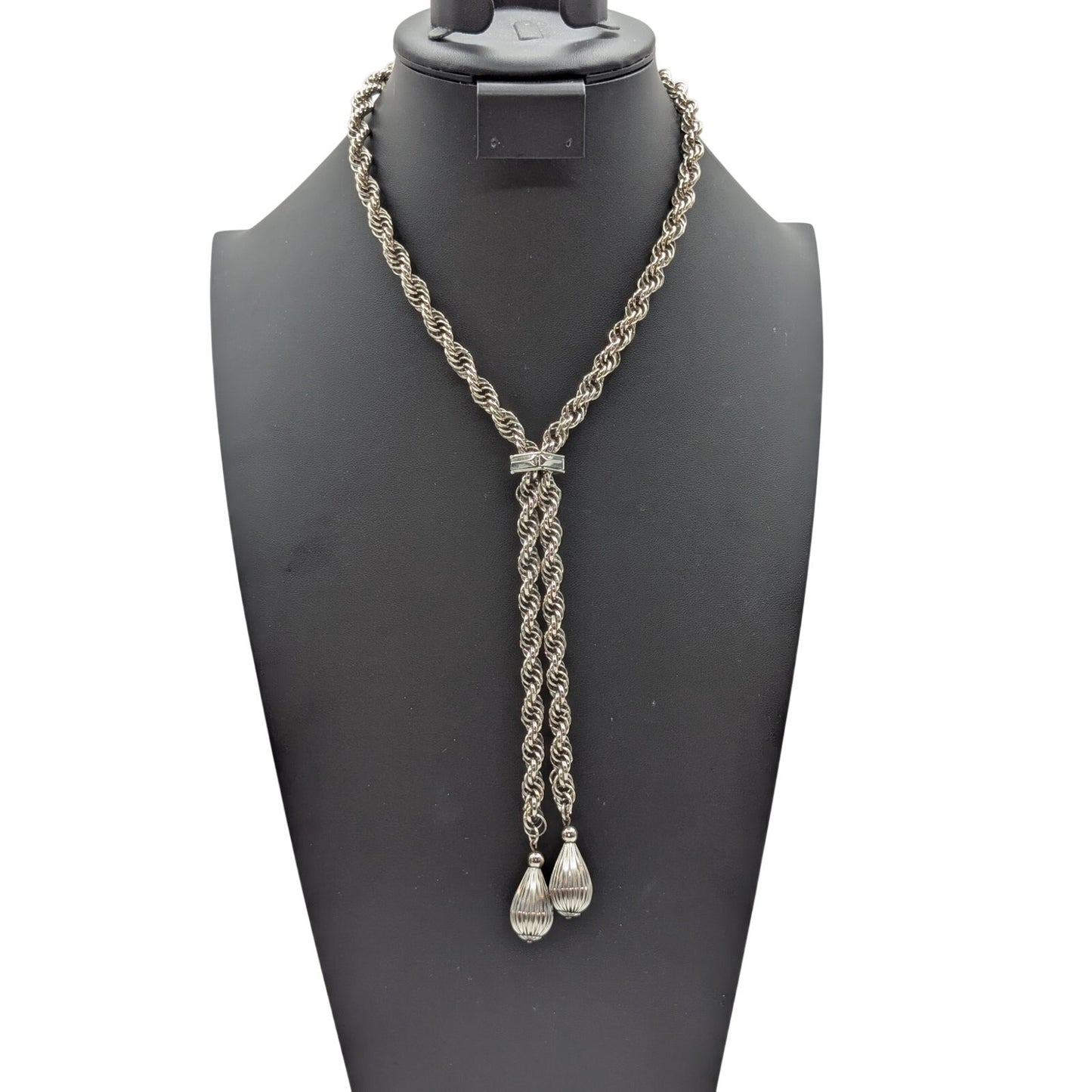 VTG Silver Tone Thick Rope Chain Slide Lariat Teardrop Dangles 27" Necklace