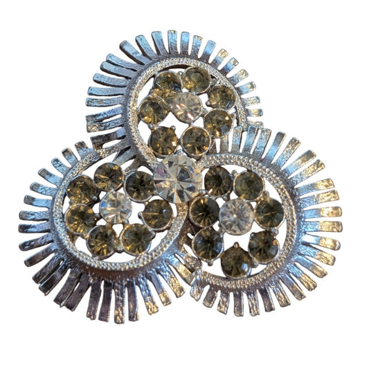 Vintage Signed Coro Silver Tone Green Clear Rhinestone Three Spoke Wheel Brooch