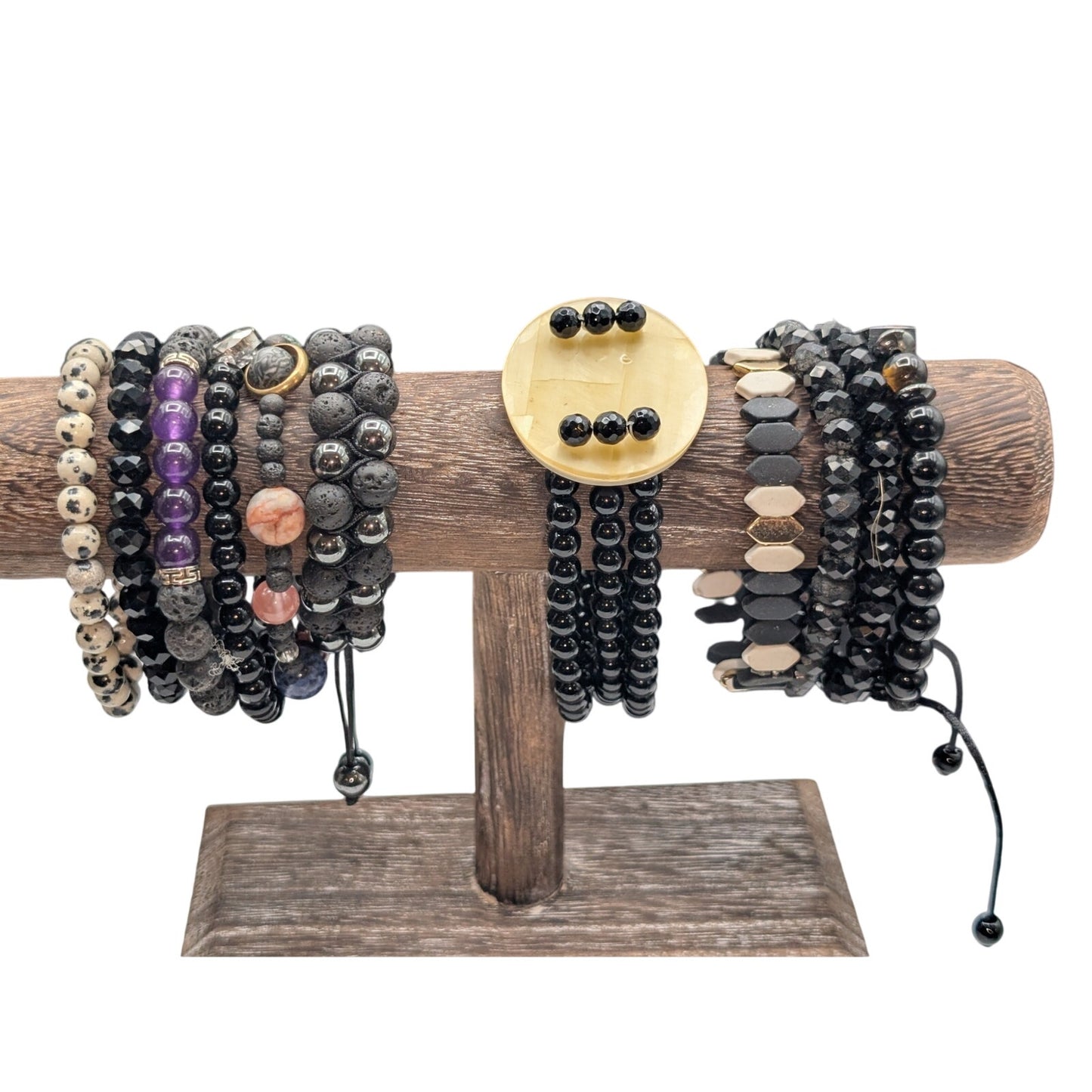 Lot of Eleven Black Theme Stone & Glass Bead Bracelets