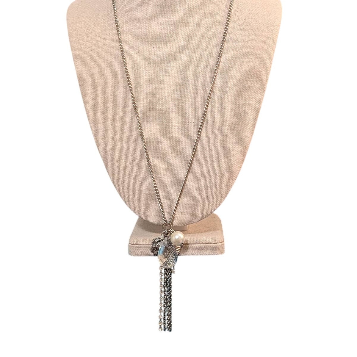 Silver Tone Cluster 22-24.5" Necklace With Rose, Rhinestones, Pearls, etc.
