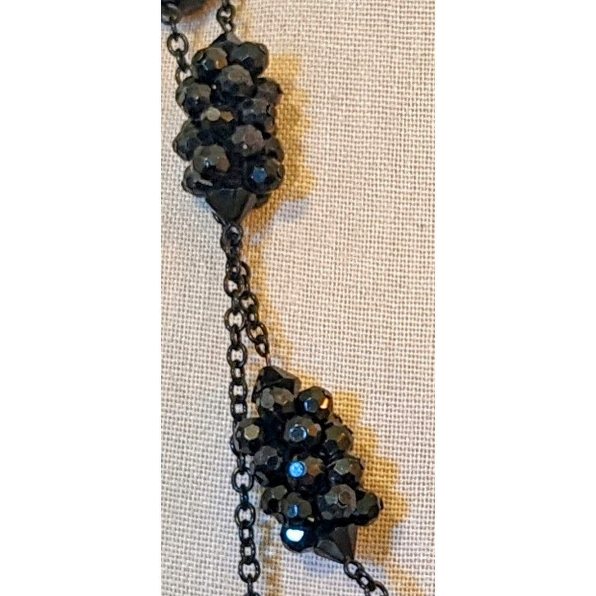 Black Glass Crystal Cluster Bead Black Metal Long Chain 46" Necklace