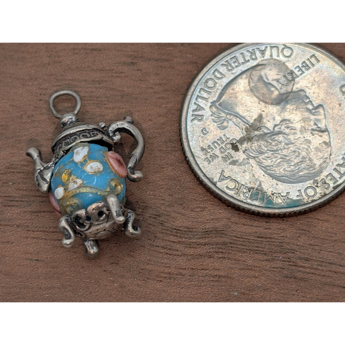 Vintage Nuvo Sterling Teapot Charm Blue Lampwork Glass Bead