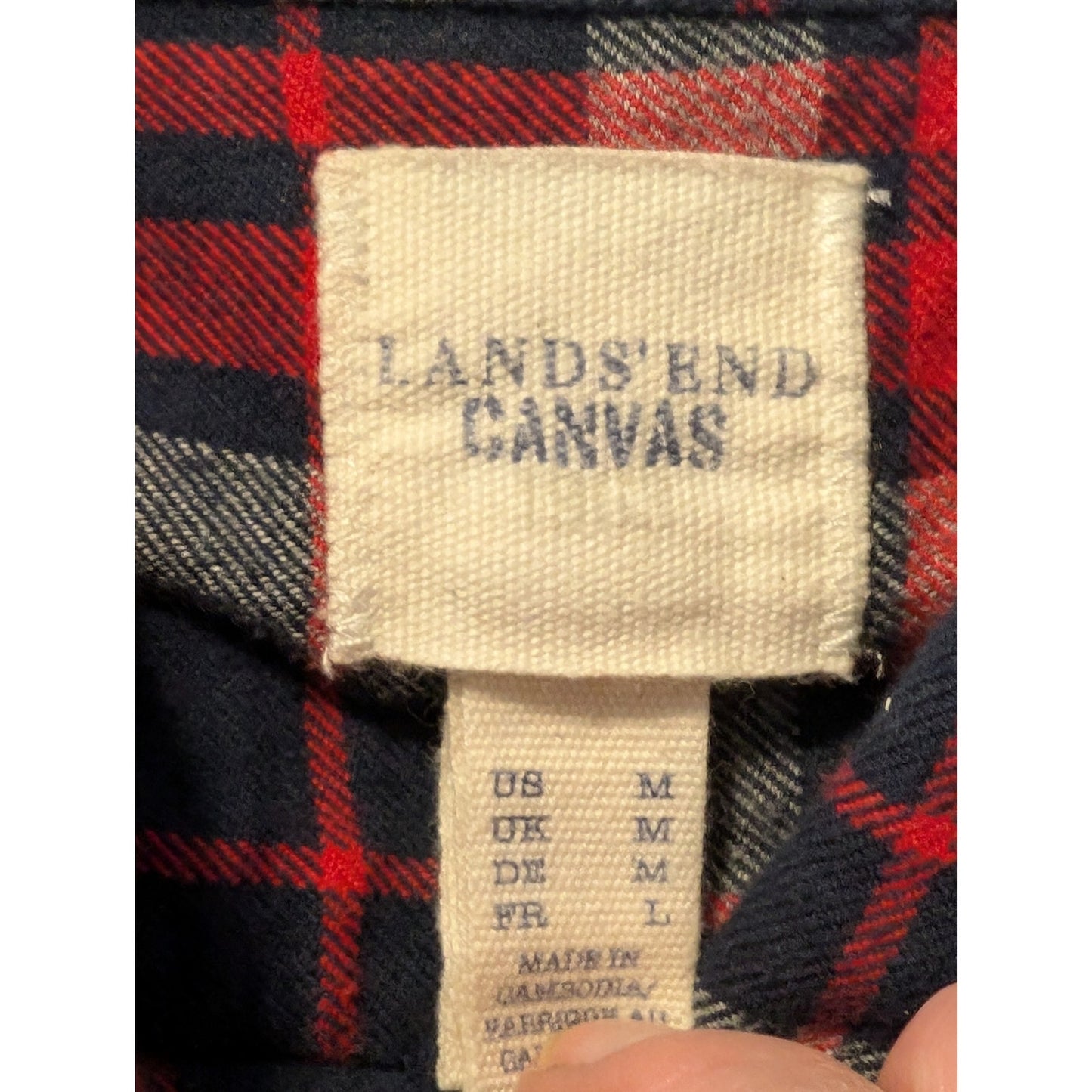 Lands' End Canvas Cotton Red Navy Plaid Pocket Flannel Button Up Shirt Mens M