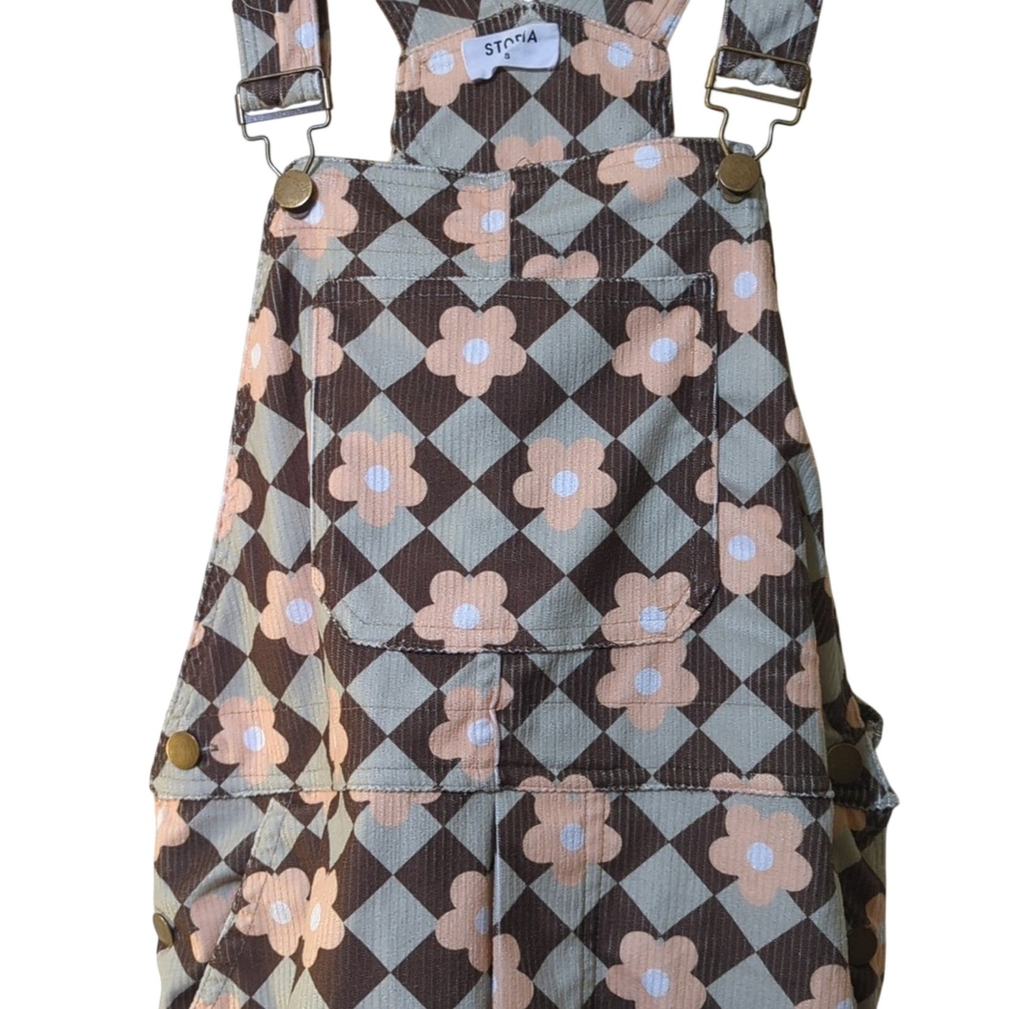 Storia Retro Daisy Checkered Corduroy Overall Mini Dress Brown/Green Sz. Small