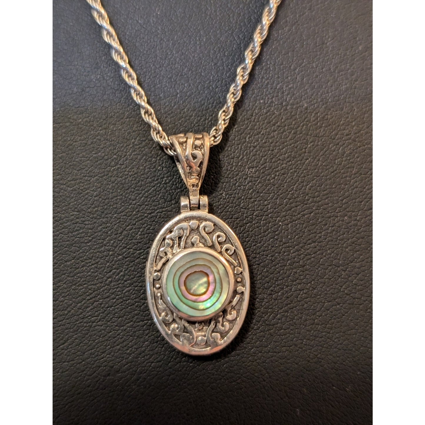 VTG 925 Sterling Silver Filigree Abalone Shell Pendant Rope 24" Chain Necklace