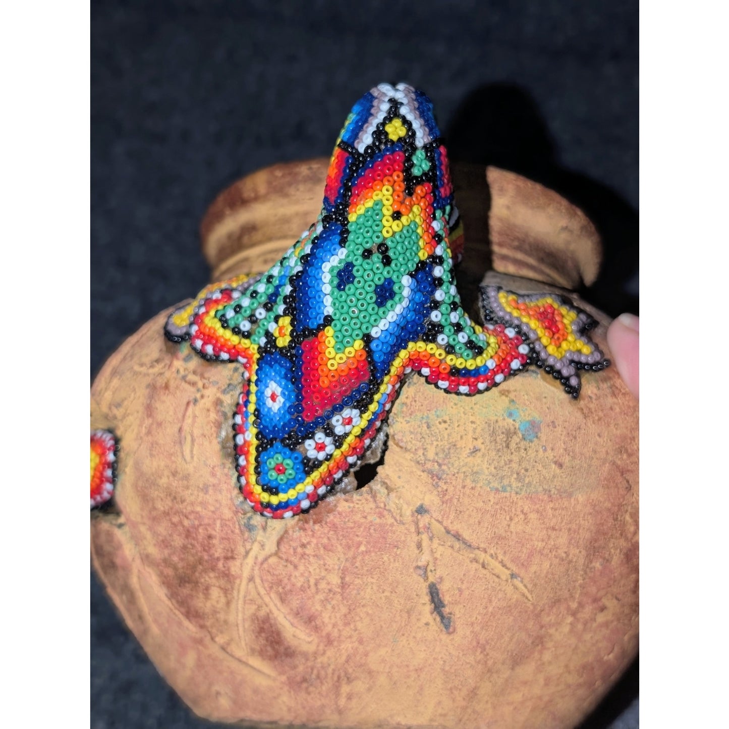 Hand Beaded Folk Art Made by Huichol Indians Lizard Clay Pot Chip on Rim