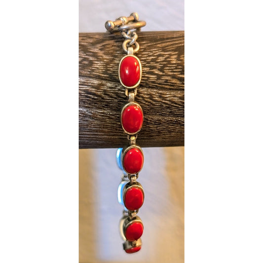 925 Sterling Silver Brilliant Red Coral Toggle Bracelet
